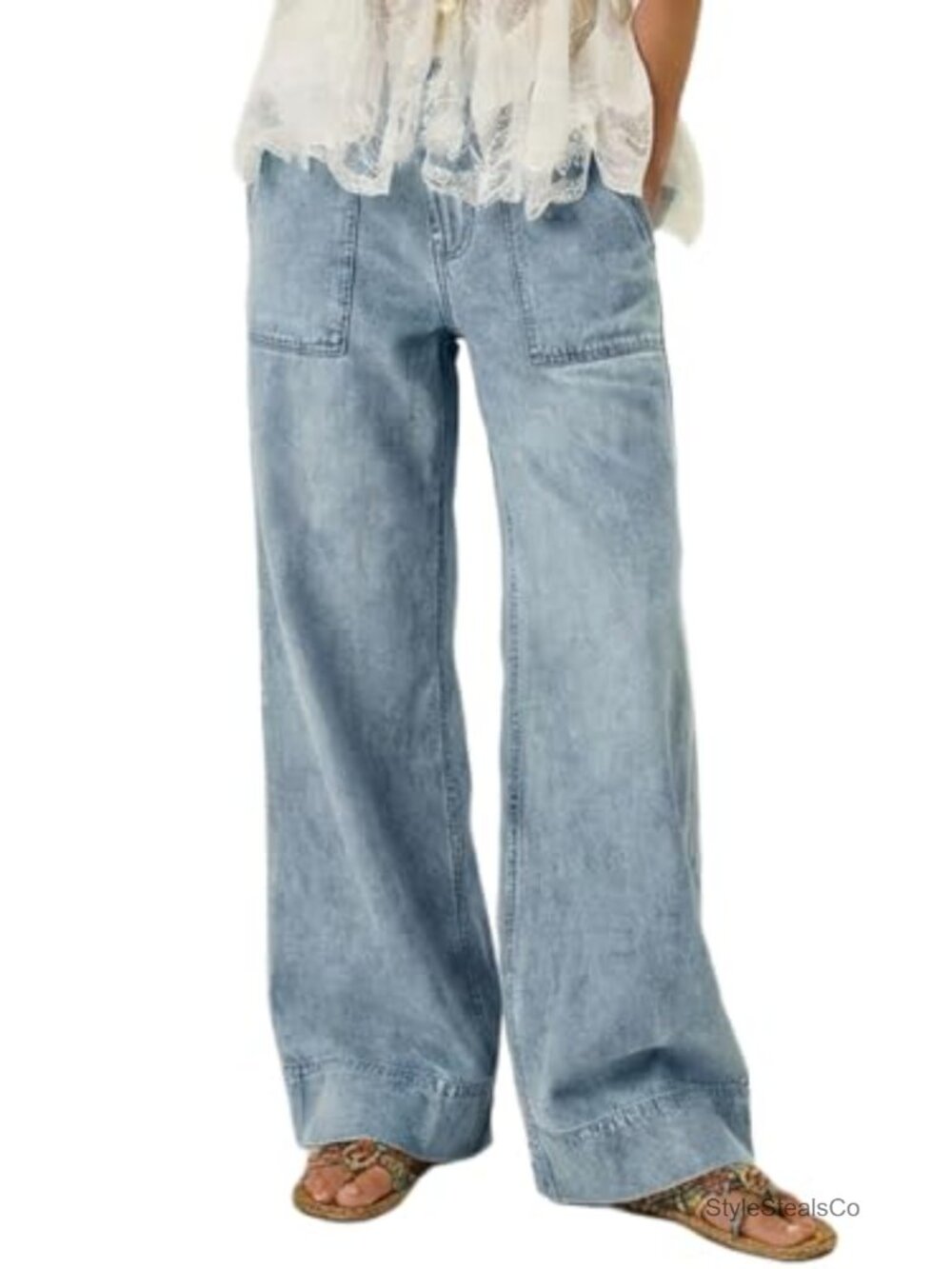 Women's Wide Leg Baggy Jeans Pull On Elastic Waist Y2k Low Rise Denim Pants